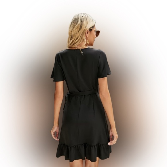 Naggoo Women''s Wrap V Neck Wraparound Black Ruffled Short Sleeve Mini Dress. - Picture 3 of 10